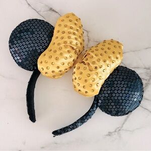 Disney Headband Gold Bow Navy Blue Minnie Mouse Ears Sequin Authentic